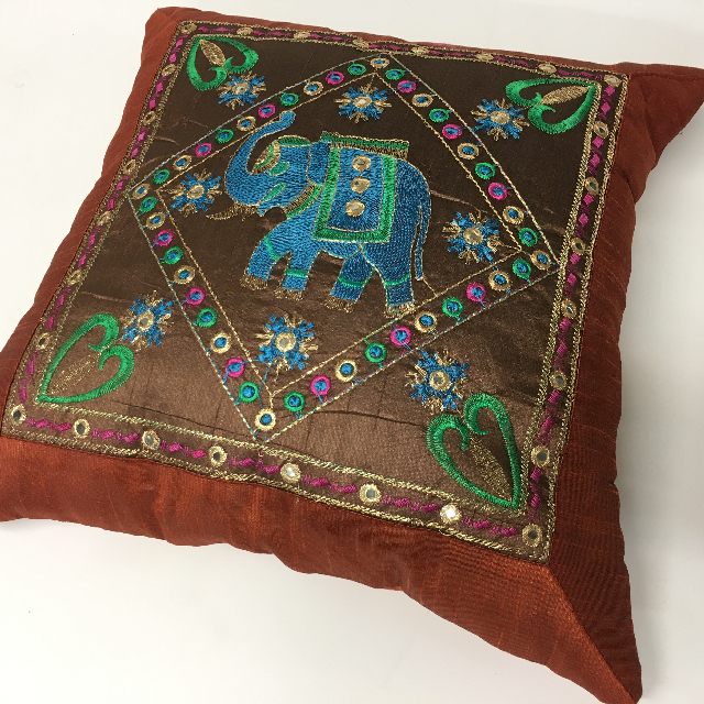 CUSHION, Indian - Rust Brown w Embroidered Elephant 40cm